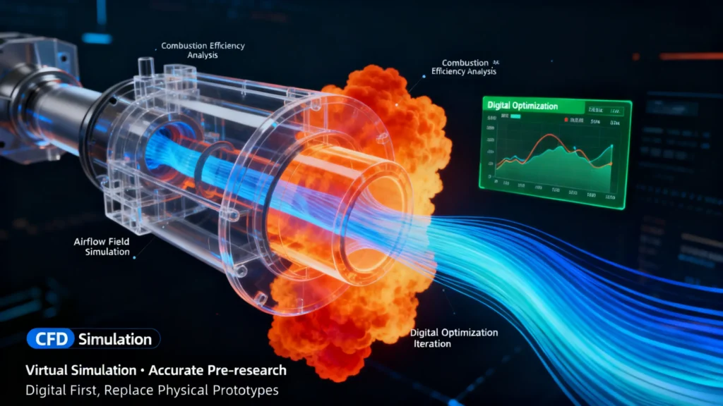 combustion inside the burner before a physical prototype is ever made, optimizing the design digitally.